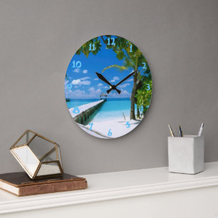 Tropical Summer Beach Ocean Watercolor Large Clock