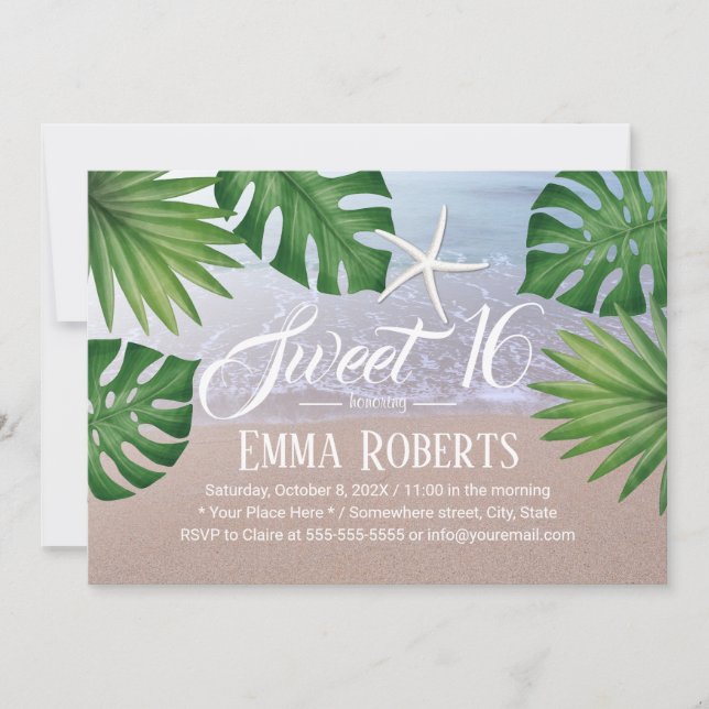 Tropical Summer Beach Starfish Sweet 16 Birthday Invitation (Front)