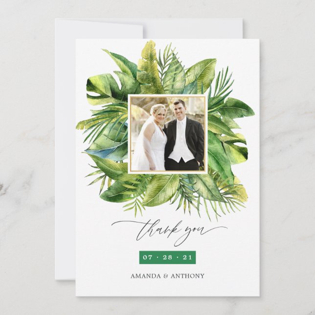 Tropical Summer Beach Wedding Photo Collage Thank You Card (Front)