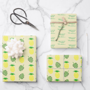 Tropical Summer Birthday Pineapple and Palm Leaves Wrapping Paper Sheet