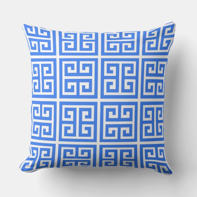 Tropical Summer Blue Greek Key Pattern Cushion (Front)