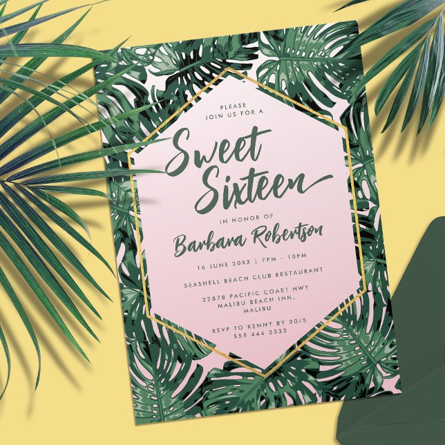 Tropical Summer Blush Pink Green Sweet Sixteen Invitation (Tropical palm leaf invitation with title 'sweet sixteen' in script)