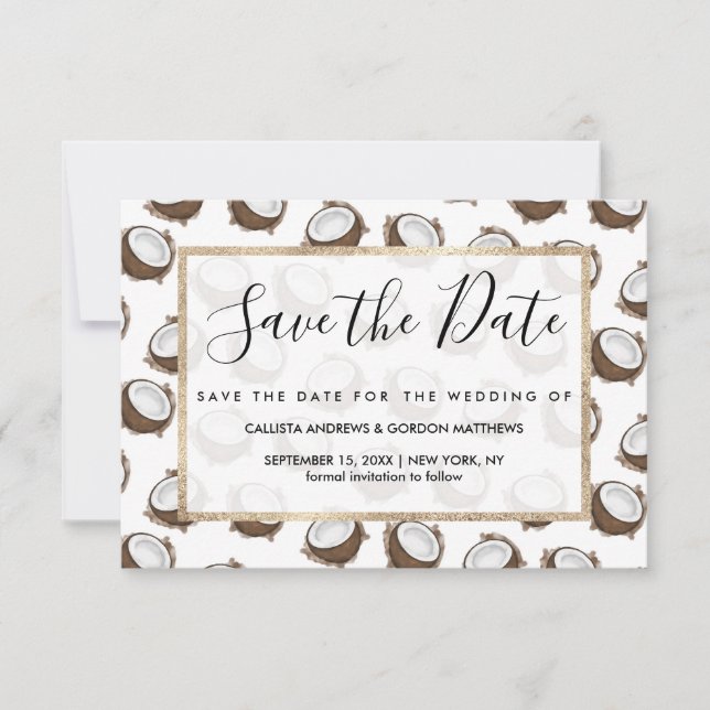 Tropical Summer Brown White Coconut Fruit Pattern Save The Date (Front)
