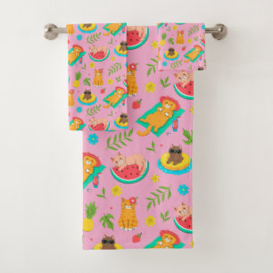 Tropical Summer Cats Bath Towel Set