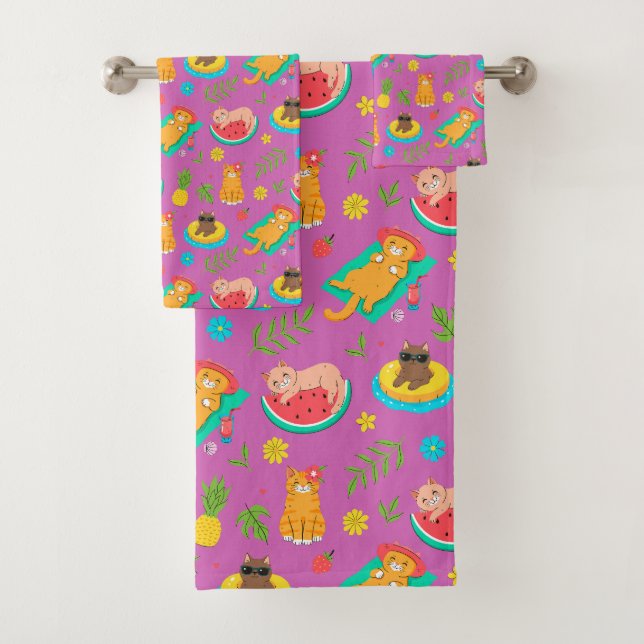 Tropical Summer Cats Bath Towel Set (Insitu)