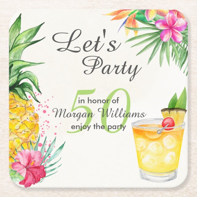 Tropical Summer Cocktail 50th Birthday Party Square Paper Coaster (Front)