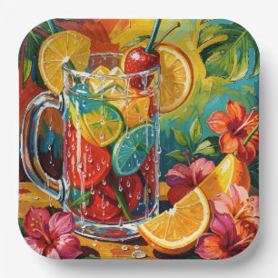 Tropical Summer Cocktail Impasto Oil Painting Paper Plate