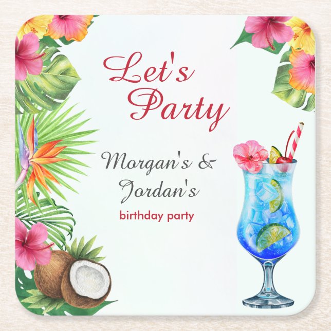 Tropical Summer Couples Friend Joint Birthday Square Paper Coaster (Front)