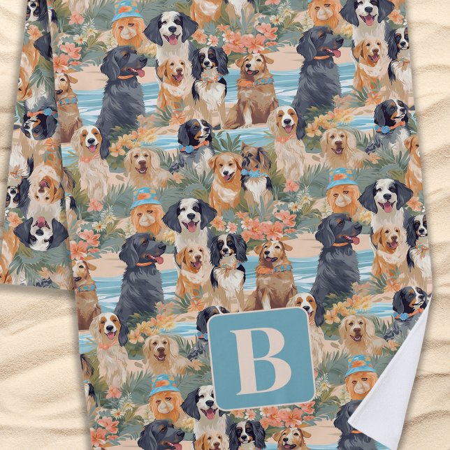 Tropical Summer Dogs Monogram Colourful Pattern  Beach Towel (Creator Uploaded)