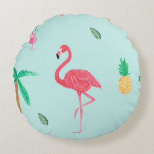 Tropical Summer Flamingo Blue Bedroom Collection Round Cushion