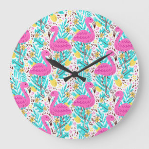 Tropical Summer Flamingo: Bright Pattern Elements Large Clock
