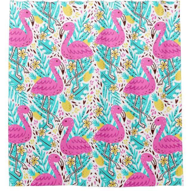 Tropical Summer Flamingo: Bright Pattern Elements Shower Curtain (Front)
