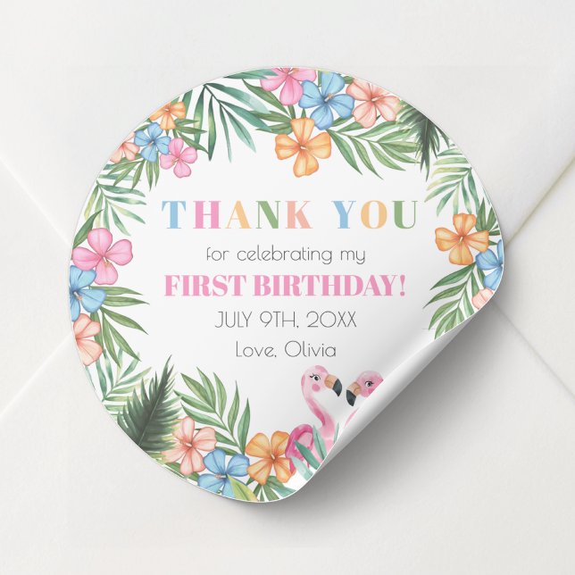 Tropical Summer Flamingo Kids First 1st Birthday Classic Round Sticker (Tropical Summer Flamingo Kids First 1st Birthday Classic Round Sticker)