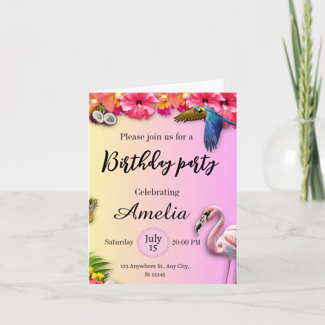 Tropical summer floral and pink flamingo birthday  invitation (Front)