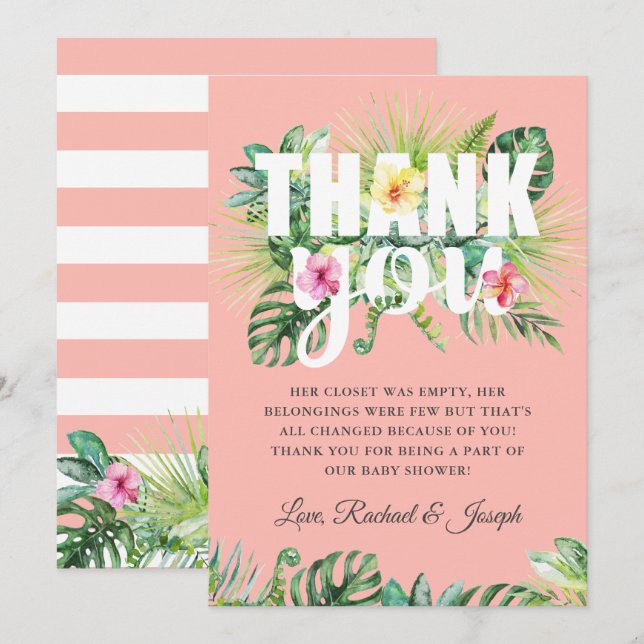 Tropical Summer Floral Coral Baby Shower Thank You Card (Front/Back)