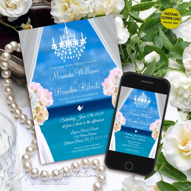 Tropical Summer Floral Ocean Beach Wedding Invitation (Creator Uploaded)