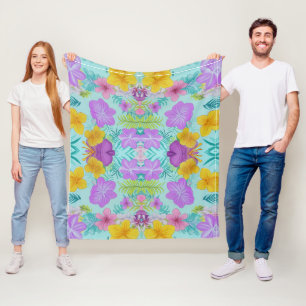 Tropical Summer Floral Pattern - Bright Hibiscus Fleece Blanket