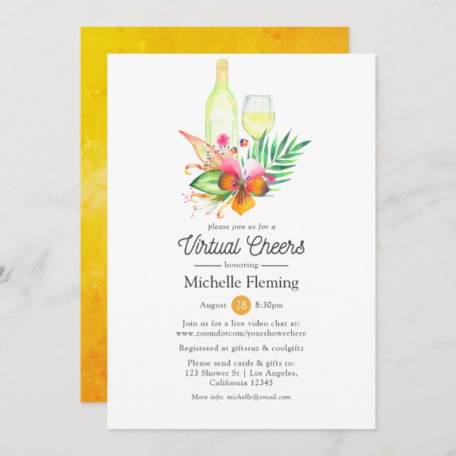 Tropical Summer Floral Wine Virtual Bridal Shower Invitation (Front/Back)