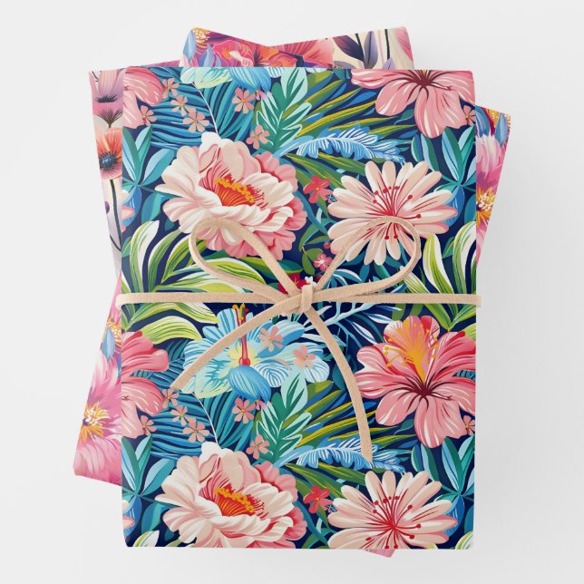Tropical Summer Flowers Botanical Floral Pattern Wrapping Paper Sheet (In situ)