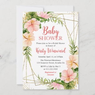 Tropical Summer Flowers & Gold Frame Baby Shower Invitation