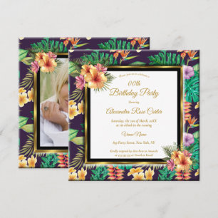 Tropical Summer Flowers Gold Photo Birthday Party Invitation