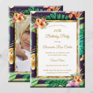 Tropical Summer Flowers Gold Photo Birthday Party Invitation