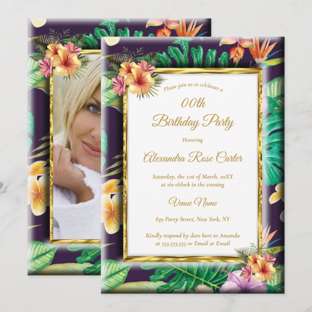 Tropical Summer Flowers Gold Photo Birthday Party Invitation (Front/Back)