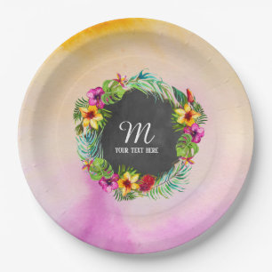 Tropical Summer Flowers Hibiscus Monogram Paper Plate
