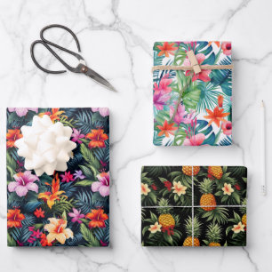 Tropical Summer Flowers Leaves Pinapple Print Gift Wrapping Paper Sheet