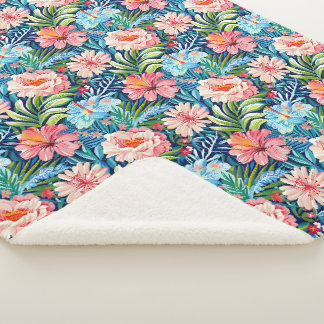 Tropical Summer Flowers Pattern Pretty Floral Sherpa Blanket