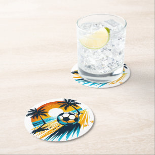 Tropical Summer Football Retro Beach Soccer Sunset Round Paper Coaster