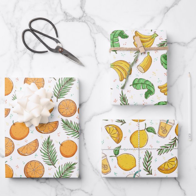 Tropical Summer Fruit Wrapping Paper Set of 3 (Front)