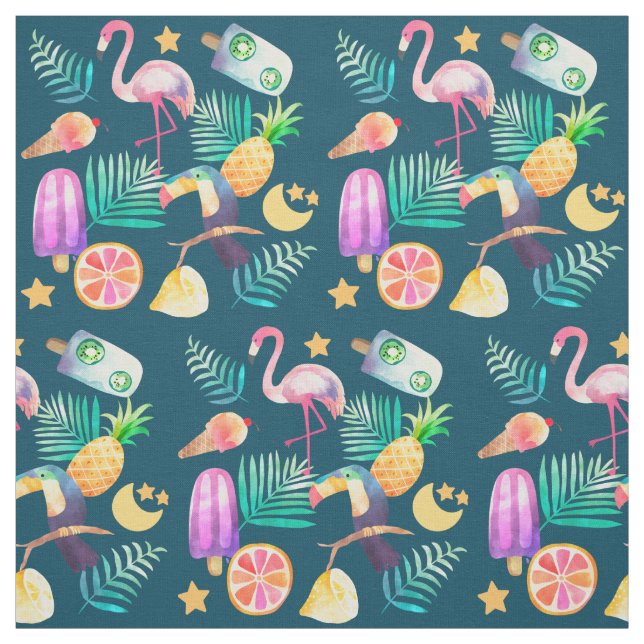 Tropical Summer Fun Images on Teal Fabric (Swatch)