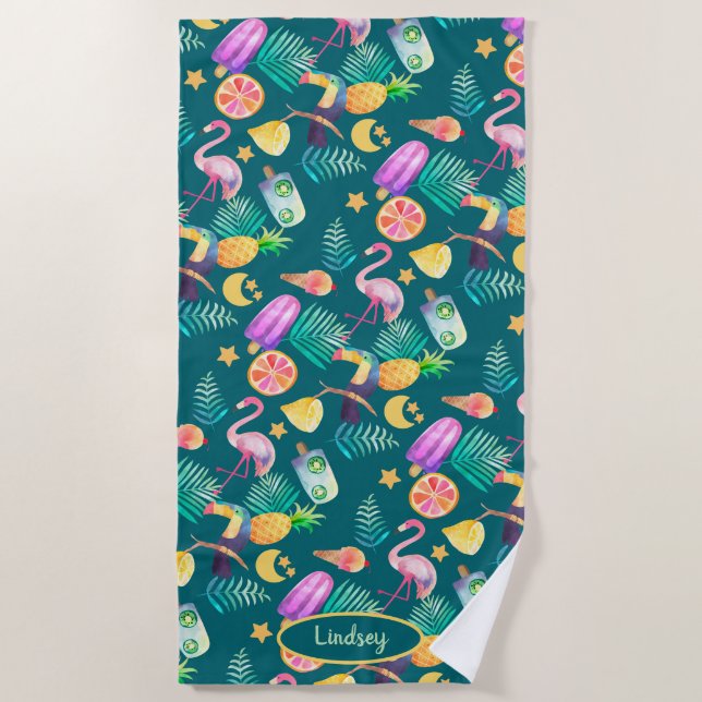 Tropical Summer Fun Pattern Monogram Beach Towel (Front)