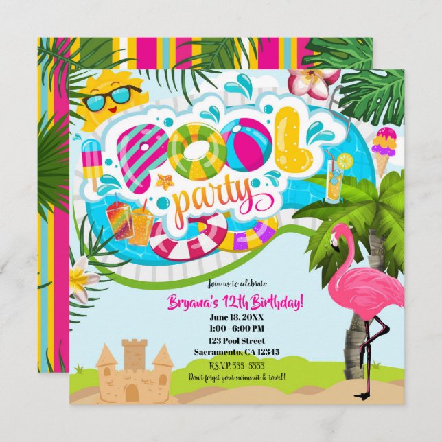 Tropical Summer Fun Pool Party Swim Birthday Invitation (Front/Back)
