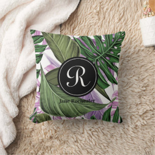 Tropical Summer Green Purple Leaves Monogram Cushion