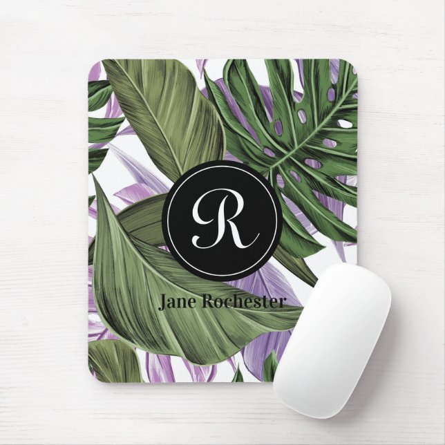 Tropical Summer Green Purple Leaves Monogram Mouse Mat (With Mouse)