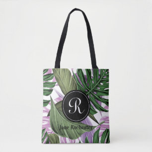 Tropical Summer Green Purple Leaves Monogram Tote Bag