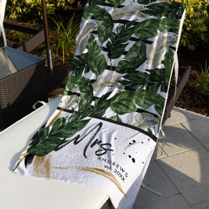 Tropical Summer Greenery   Mrs. Brushed Script Beach Towel
