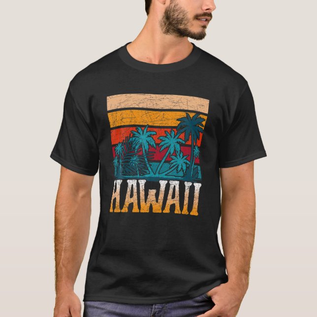 Tropical Summer Hawaiian Palm Trees HI Beach Retro T-Shirt (Front)