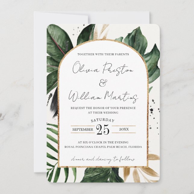 Tropical Summer Leaves Arch QR Code RSVP Wedding Invitation (Front)