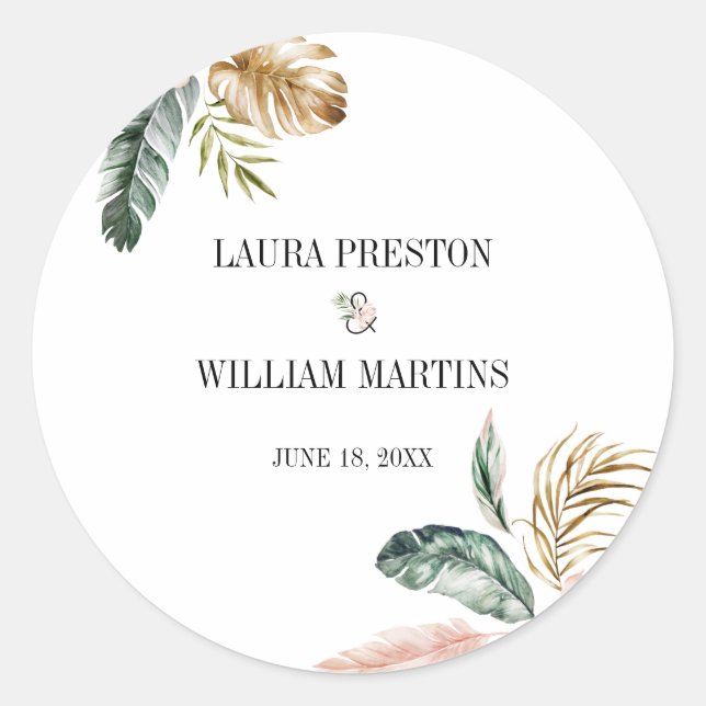 Tropical Summer Leaves Wedding Classic Round Sticker (Front)