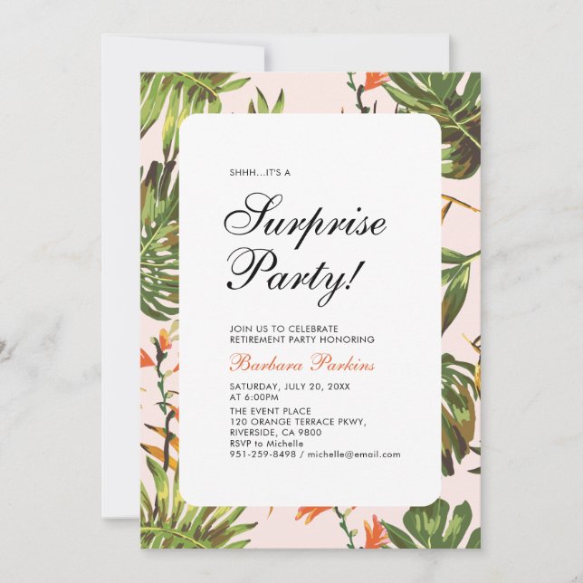 Tropical Summer | Modern Surprise Retirement Party Invitation (Front)
