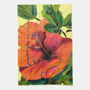 Tropical Summer orange hibiscus Tea Towel