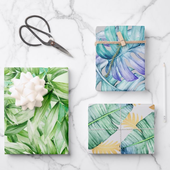 Tropical Summer Palm Leaves Pattern Wrapping Paper Sheet (Front)