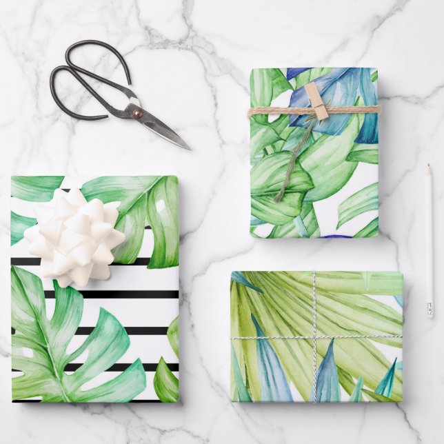 Tropical Summer Palm Leaves Pattern Wrapping Paper Sheet (Front)