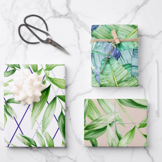 Tropical Summer Palm Leaves Pattern Wrapping Paper Sheet (Front)