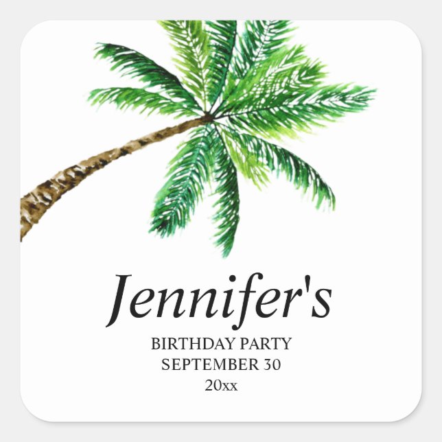Tropical Summer Palm Tree Monogram or Name Square Sticker (Front)