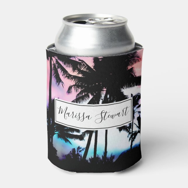 Tropical Summer Palm Trees Pink Blue Sunset Sky Can Cooler (Can Front)