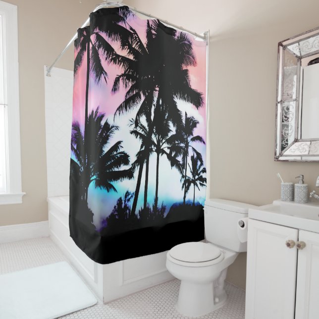 Tropical Summer Palm Trees Pink Blue Sunset Sky Shower Curtain (In Situ)